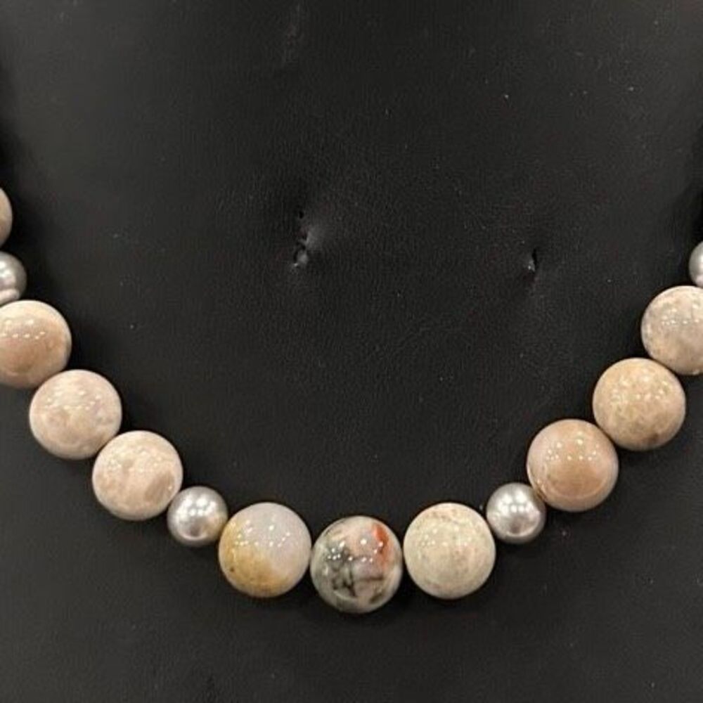 Vtg Bohemian Style Jasper Stone Beaded Necklace Women's 18" Tan Polished Beads - Picture 4 of 6